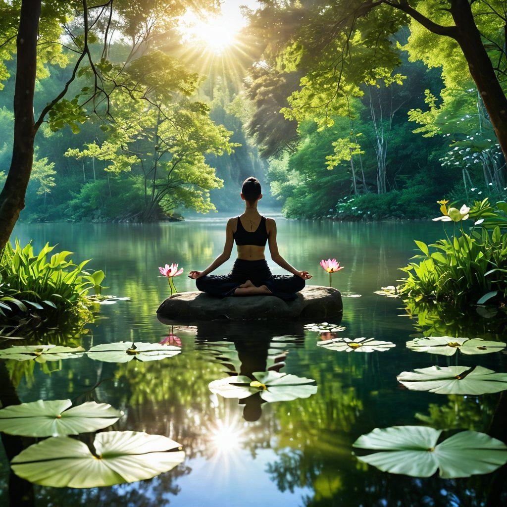 A serene scene depicting a person in Antravasana pose, surrounded by a lush green landscape with soft sunlight filtering through trees. Include symbols of mindfulness like a calm lake and floating lotus flowers. Integrate a gentle aura around the person to represent holistic wellness. Harmony and tranquility should radiate from the composition. super-realistic. vibrant colors. nature background.