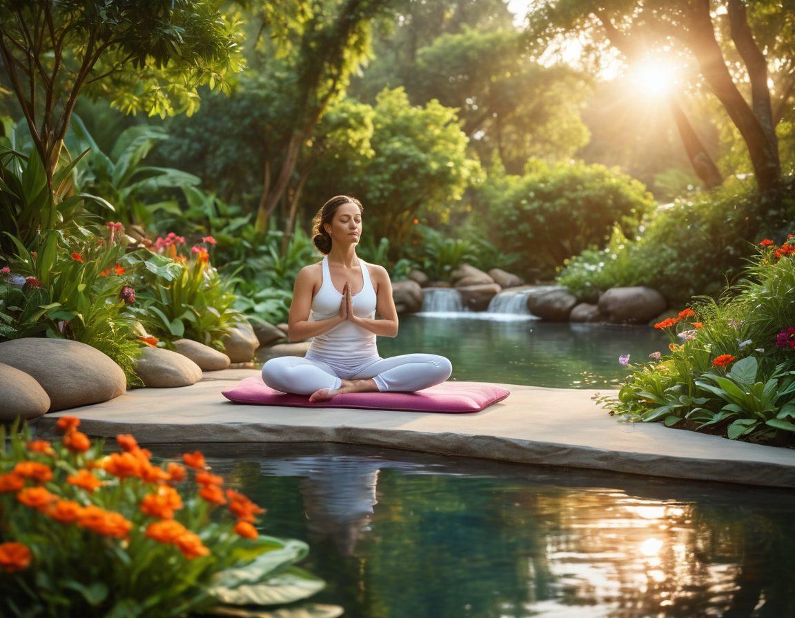 A serene outdoor setting featuring a person in the Antravasana yoga pose, surrounded by lush greenery and soft, flowing water. Incorporate elements of conscious living like meditation cushions, colorful flowers, and a gentle sunrise in the background. The atmosphere should evoke tranquility and balance, inviting viewers to reflect on their own lifestyle. super-realistic. vibrant colors. soft focus.