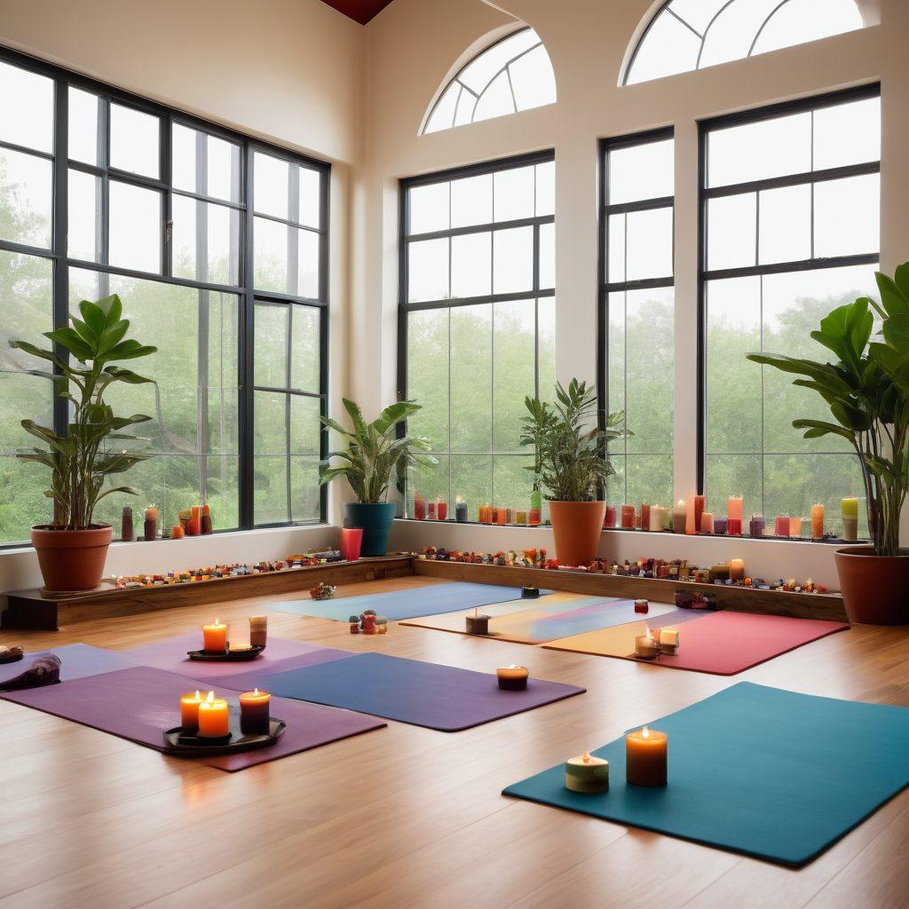 A serene yoga studio with soft natural light filtering through large windows, showcasing a diverse group of individuals practicing mindfulness poses on colorful mats. In the foreground, a small table displays essential oils and candles, while plants and calming artwork adorn the walls. The atmosphere is peaceful and inviting, promoting relaxation and health. super-realistic. vibrant colors. warm lighting.